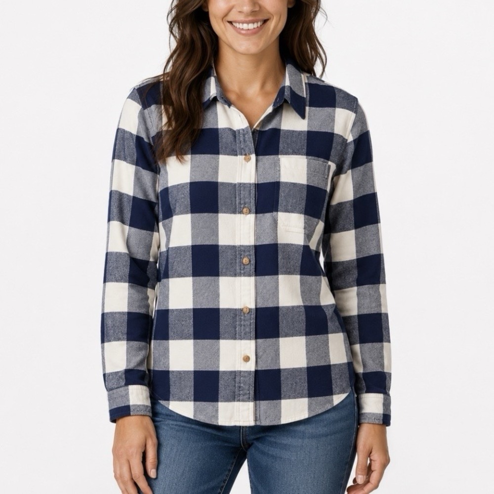 LL Bean Womens Blue Stripe Organic Cotton Flannel Button Shirt Size XL